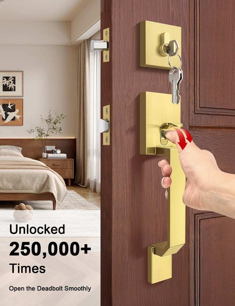 Tinewa Gold Square Front Door Handle with Classic Door Lever and Single Cylinder Deadbolt, Upgrated Exterior Entry Door Lock, Reversible for Left & Right Handed 1 Pack - Image 4